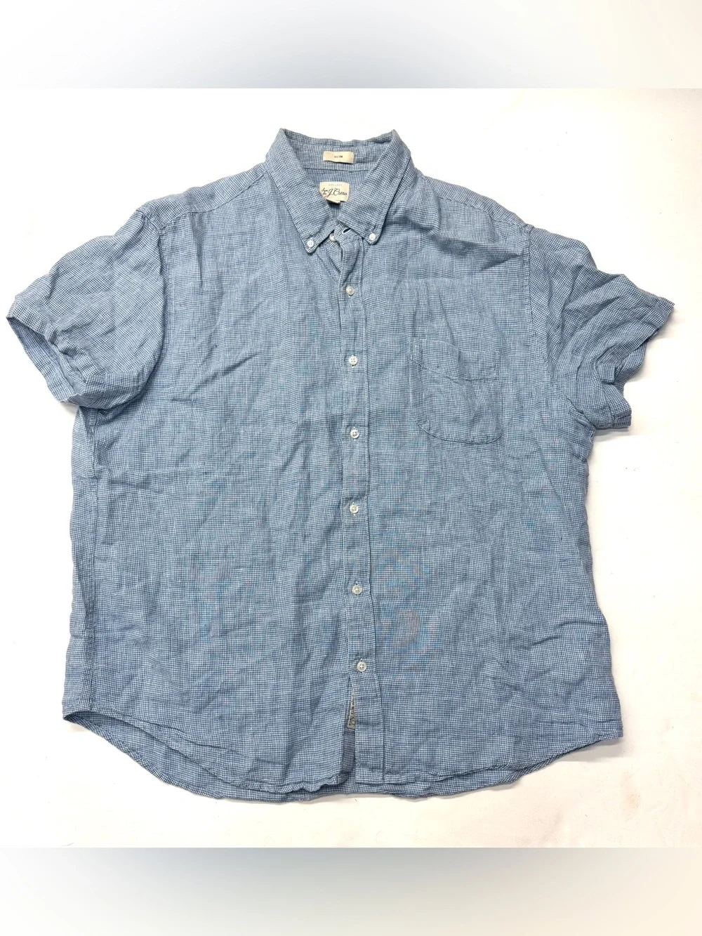 J. Crew Baird McNutt Irish Linen Blue Check Short-Sleeve Slim Button-Down Shirt